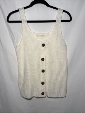 White Ribbed Knit Sweater Tank Top Faux Button Scoop Neck Size L